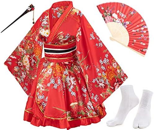 Japanese Anime Women's Dance Kimono Robe Fancy Dress Hand Held Silk Folding Fans Tabi Hair stick Socks Set L Japanese Anime Women's Dance Kimono Robe Fancy Dress Hand Held Silk Folding Fans Tabi Hair stick Socks Set L