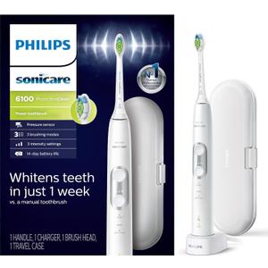Philips Sonicare ProtectiveClean 6100 Rechargeable Electric Toothbrush, with Pressure Sensor, 3 Cleaning Modes, SmarTimer and QuadPacer, 14-Day Battery Life, Travel Case, White, Model HX6877/21