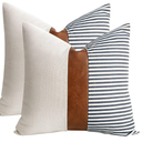 Set of 2 Farmhouse Decor Stripe Patchwork Linen Throw Pillow Covers,Modern Dark Brown Faux Leather Accent Pillow Covers 18x18 inch,Navy Blue