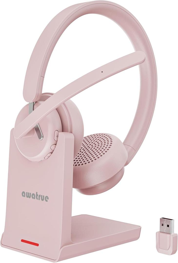awatrue Wireless Headset with Mic for Work, Bluetooth Headphone with AI Noise Cancelling Mic for Clear Calls, Bluetooth 5.3 & 2.4G Dongle, Computer Headset for Call Center/PC/Zoom (Pink)