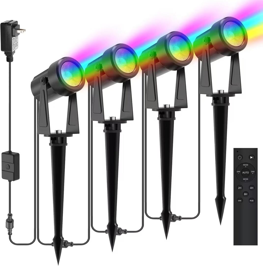 SUNTHIN Outdoor Landscape Lighting with Remote, RGBW Color Changing Spot Uplights, IP65 Waterproof & Connectable, 4 Pack (Multicolor)