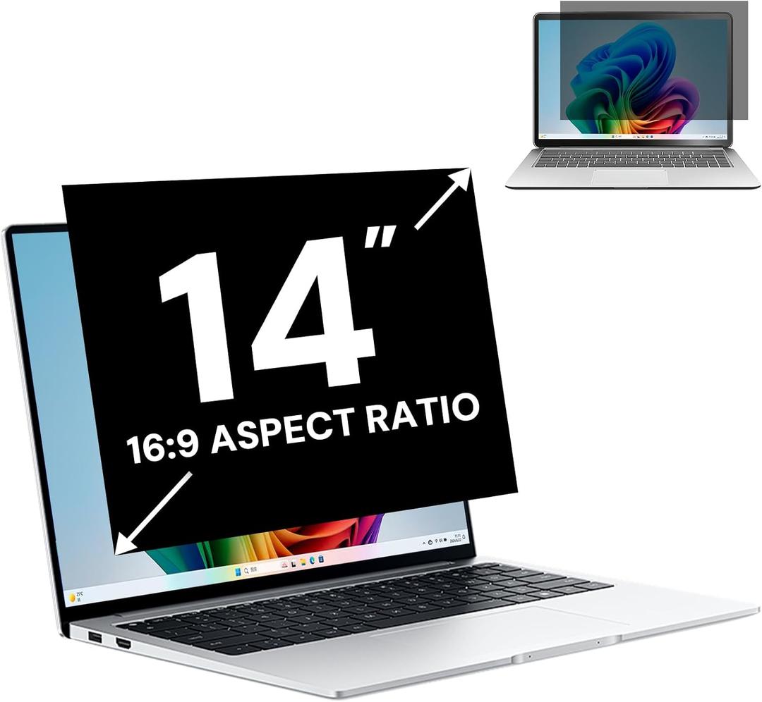14 Inch 16:9 Laptop Privacy Screen Filter, Computer Monitor Privacy Shield and Anti Glare Blue Light Filter, Removable 14" Privacy Screen Protector and Scratch Resistant