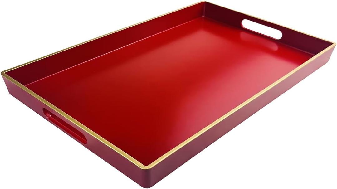 Red Decorative Tray, Rectangular Serving Tray with Handles, Plastic Coffee Table Tray for Ottoman, Living Room, Kitchen Tabletop, 15.6 x 10.2 x1.37