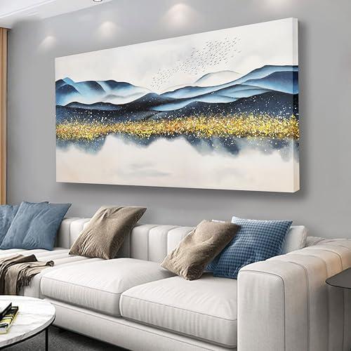 AERART Wall Decor Blue Gold Foil Ink Mountain Landscape Painting Canvas Wall Art Mountain View Artwork Canvas Painting for Living Room Bedroom Office Home Decor 29x58 in
