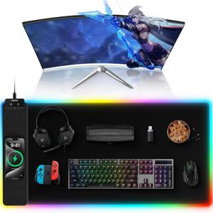 TopMade Mouse Pad with Wireless Charging, 31.5" x 15.75" Large Desk Mat RGB Gaming Mousepad, LED Desk Pad Keyboard Pad with Ultra-Smooth Surface & Non-Slip Rubber Base, Waterproof Desk Pad