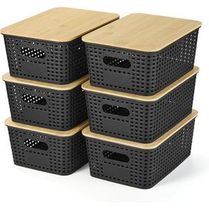Plastic Storage Baskets With Bamboo Lid - Plastic Storage Containers Stackable Storage bins: Storage Baskets for Organizing Shelves Drawers Desktop Closet Playroom Classroom Office, 6 Pack (Black)