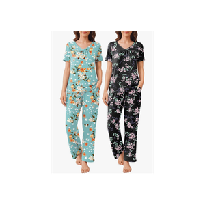 Ekouaer Pajama Sets for Women, Short Sleeve with Long Pant Pjs Sleepwear Comfy Lounge Sets with Pockets 1 Pants and 2 T-Shirts L