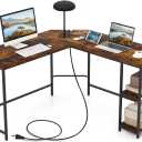 Tangkula L Shaped Computer Desk, Corner Home Office Desk with 2 Outlets & 2 USB Ports, Study Writing Desk with Carbon Steel Frame, 2-Tier Shelf & Removable Shelf, Rustic Brown