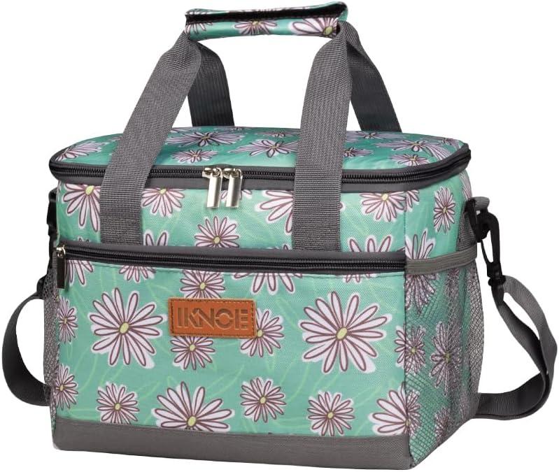 iknoe Large Foldable Cooler Bag, 8.5L Insulated Lunch Bag, Leakproof Lunch Cooler Tote with Multi-Bag Design Suitable for Beach, Picnic and Office Use, Nattier Blue 15-Can (Medium, Daisy)