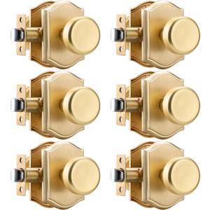 6 Pack Pismo Doorknobs for Hall, Gold Interior Door Knobs with Camelot Trim, Satin Brass Interior Door Handles