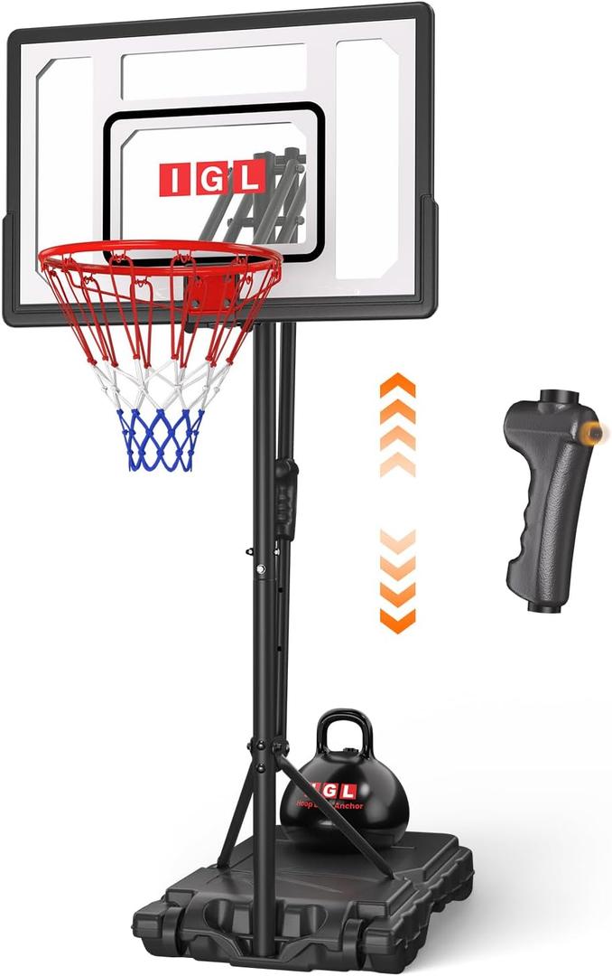 IGL Kids Basketball Hoop Outdoor | 4-8.5ft Adjustable Height | 33" Shatterproof Backboard | Fillable Base & Extra Anchor | Portable Goal w/Wheels for Backyard Driveway