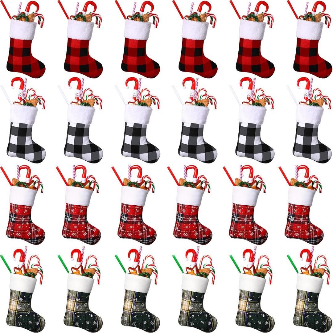 24 Pieces 7 Inch Christmas Stockings, Mini Buffalo Plaid Stocking Classic Stocking Red and Green Plaid Design with Snowflake and Fleece Cuff for Family Christmas Holiday Decorations Seasons Decor