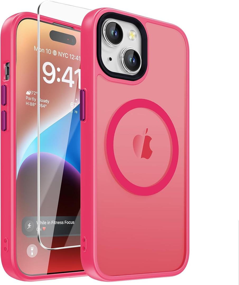 2 x DEERLAMN Magnetic Matte Case for iPhone 15 with Screen Protector, [Compatible with MagSafe][Military Grade Drop Protection] Slim Translucent Shockproof Protective Phone Cover, Hot Pink