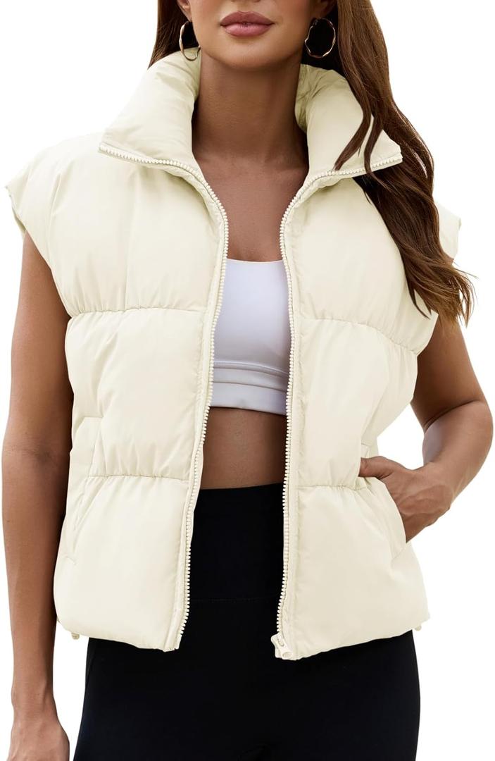 Womens Cropped Puffer Vest Oversized Winter Sleeveless Zip Up Padded Jacket Outerwear Water-Resistant Warm Coat (Medium, Cream White)
