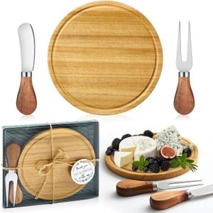 Maxcheck 1 Set Baby Shower Bridal Game Prizes for Winners Round Cheese Board Set Wood Mini Charcuterie Board with Knives and Forks Thank You Card with Gift Box for Guests Wedding (Teak)