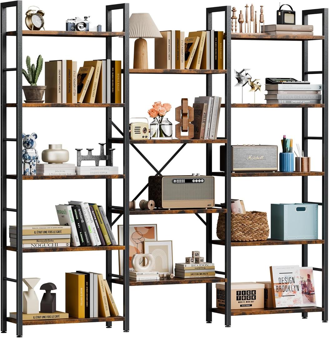 Shintenchi Triple Column 5 Tier Bookshelf, Industrial Large Bookcase Display Shelves, Large Etagere Bookshelf,Wide Book Shelf Book Case for Home & Office, Rustic Brown (67.3 inches (H) x 60 inches (W) x 9.7 inches (D))