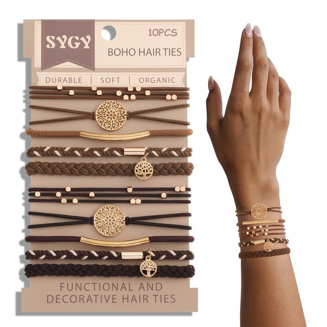 SYGY 10 PCS Boho Hair Ties, Bracelets for Thick & Thin Hair, 5 Styles No Damage, Dark Coffee Colors