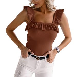 Womens Cute Sleeveless Tank Tops Ruffle Strap Square Neck Blouse Solid Color Knitted Camisole XL
