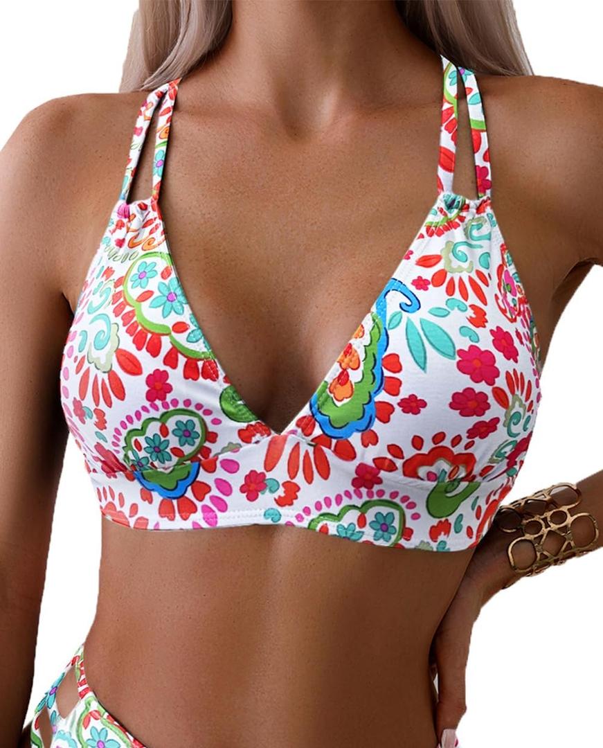 Tainehs Women's Push Up V Neck Bikini Tops Criss Cross Back Padded Bathing Suit Top Only (Large, Red Tiny Flowers)