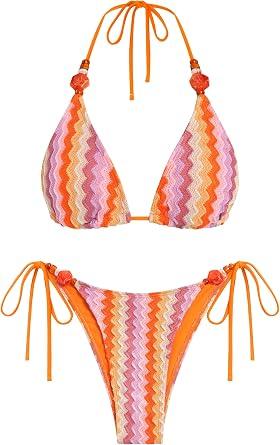 ZAFUL Bikini Sets for Women Sexy Two Piece Swimsuits High Cut Cheeky Thong Bathing Suit Beads Striped Halter Triangle Swimsuit Push Up Bikini Top with Low Rise Bottoms Retro Swimwear 2025 Orange S