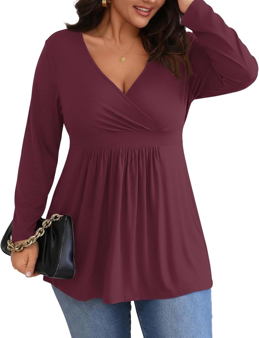 POSESHE Womens Plus Size Long Sleeves Tops 2025 Fall Winter Tunic Tops Casual V-Neck Wrap Shirts Dressy Work Blouses L-4XL (Wine Red)