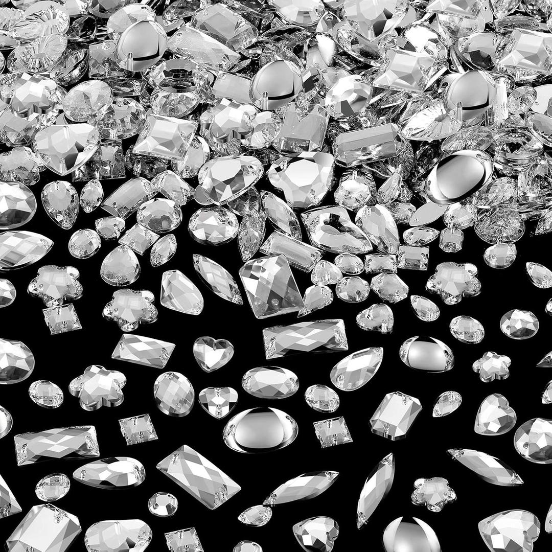 Chuangdi 500 Pcs Sewing on Rhinestones Mixed Shapes Acrylic Sew on Crystal Gems with 2 Holes for DIY Jewelry Crafts Clothes Shoes Costume Sewing Beads Decorations(Crystal)