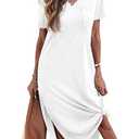 Dyexces Women Summer T Shirt Dress Casual Short Sleeve V Neck Maxi Dresses Loose Side Slit Long Tshirt Dress with Pockets White