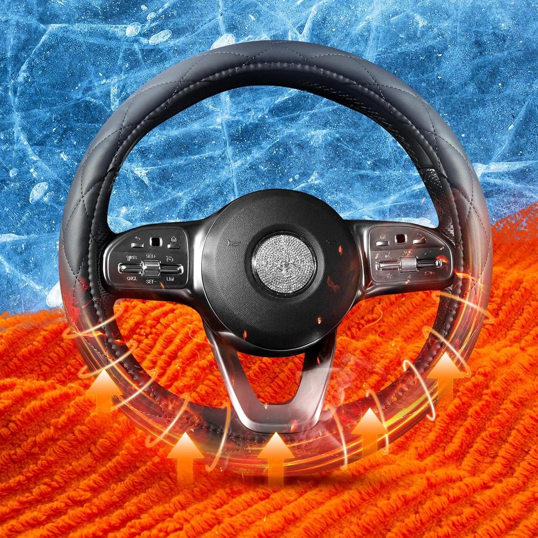 Heated Steering Wheel Cover  WARMITORY Luxury Steering Wheel Heater, 12V Quick Hand Warmer, 14.515 inches Outer Diameter for StandardSize Car Steering Wheels(Leatheret PU)(Black)