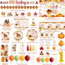 Our Little Turkey Is Turning One Decoration,Little Turkey 1st Birthday Decorations Plates and Napkins Cups Tablecloth Banner Backdrop Honeycomb for Thanksgiving Decorations 1st Birthday Supplies