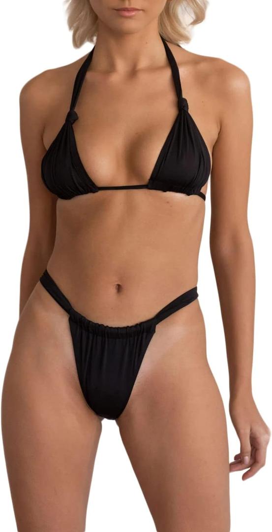 Women Swimsuits Halter Triangle String Bikini Sexy Ruched Brazilian Cheeky Thong Bathing Suit (Large, Black)