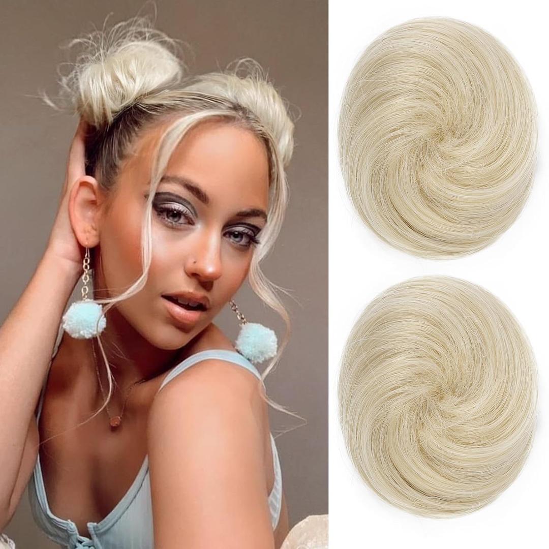 REECHO 2 PCS Mini Claw Clip in Messy & Cat Ears Hair Bun Extensions HB001 Wig Accessory Updo Hairpieces for Women (Pack of 2-3" Straight, Light Blonde)