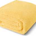 Queen Size Fuzzy Fleece Blanket for Bed, 90x90 Inch Fluffy Warm Soft Jacquard Blankets for All Season, Lightweight and Cozy, Yellow