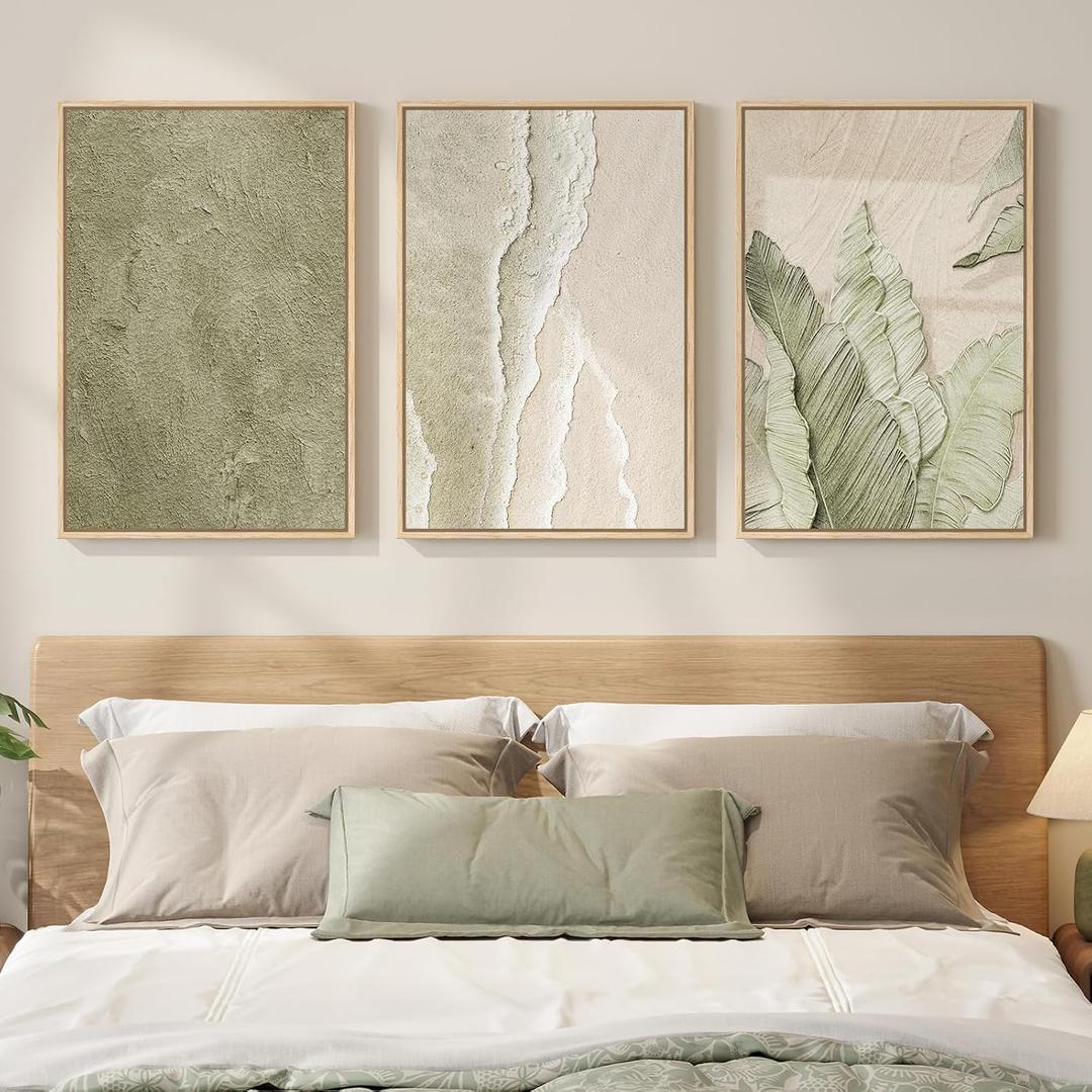 Framed Abstract Sage Green 3 Piece Wall Art for Living Room, Modern Neutral Waves Botanical Canvas Artwork for Walls, Minimalist Wabi Sabi Rustic Nature Print Wall Decor for Bedroom Office, 16x24 Inch, 16" W x 24" H x 3Pcs