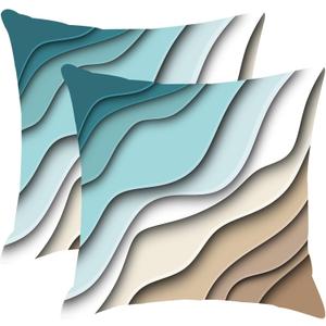 Blue Teal and Grey Boho Throw Pillow Covers 20x20 Set Of 2 Summer Outdoor Abstract Stripe Pillows Cover Mid Century Modern Decorative Pillow Case Farmhouse Cushion Cover for Home Couch Bed Sofa Decor
