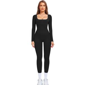 OLCHEE Womens Long Sleeve Workout Jumpsuit Square Neck Ribbed Seamless Yoga Romper Sexy Bodycon Tummy Control Unitard Onesie (Large, Leggings: Black)