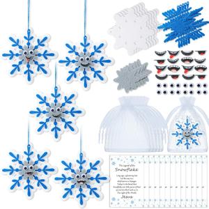 Syhood 25 Sets Winter Snowflake Crafts Kit DIY Snowflake Hanging Ornaments Fun Facial Expressions Cards and Bags for Kids Holiday Classroom Home Activities Party Favors
