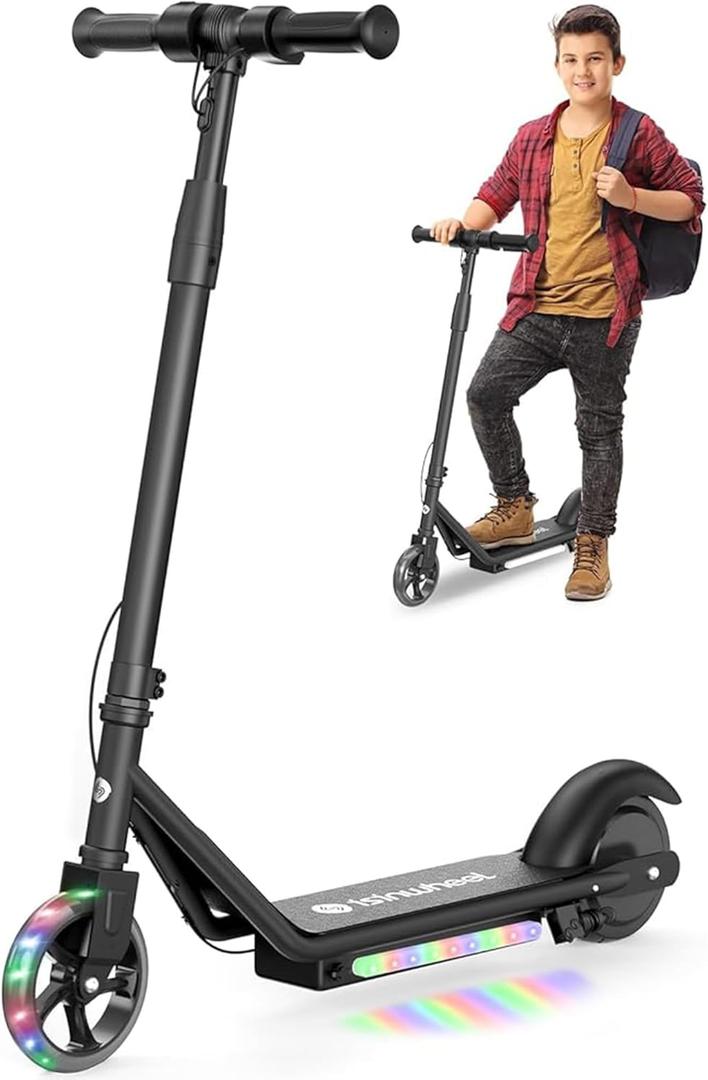 isinwheel Electric Scooter for Kids Ages 6-12, 150W Motor, 6/10 MPH Speeds, Colorful Lights, Adjustable Height, Kids Electric Scooter with Dual Brake & Thumb Throttle Great Gift for Boys & Girls (Black)