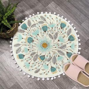 Uphome Small Round Rug 2 Circle Cute Bath Mat with Pom Poms Fringe Floral Plant Washable Bathroom Rugs Soft Non-Slip Circular Throw Rug Carpet for Shower Sink Powder Room Nursery Bedroom Table (Blue)