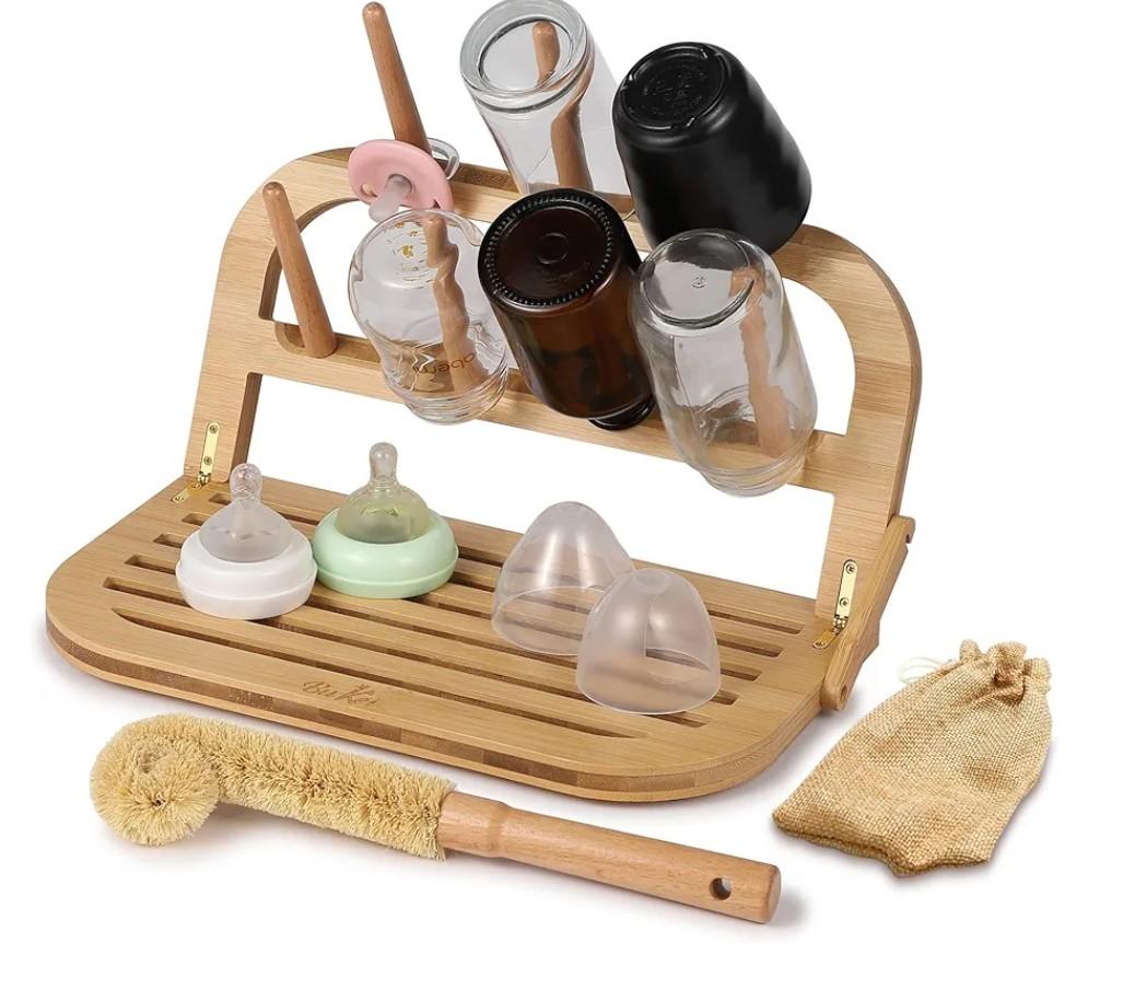 Bamboo Baby Bottle Drying Rack - Space Saving Bottle Dryer & Holder