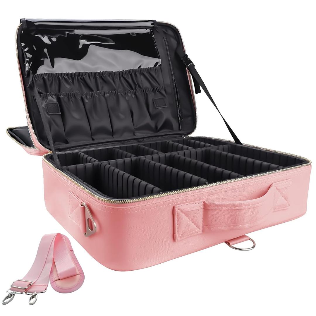 Gzcz Large Capacity Travel Makeup Case Organizer, Professional Cosmetic Bags for Women, Waterproof PU Leather Makeup Bag with Adjustable Dividers and Shoulder Strap for Brushes and Jewelry (Criss Cross Pink)