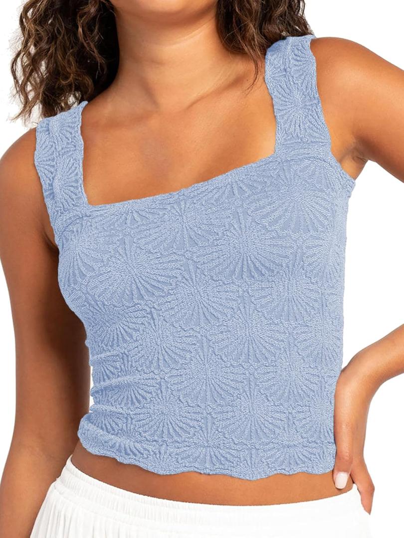 Jar of Love Womens Tank Top Square Neck Wide Strap Crop Tops Flower Going Out Tops Slim Fit Lettuce Trim Summer Cami Tops (Blue, S)