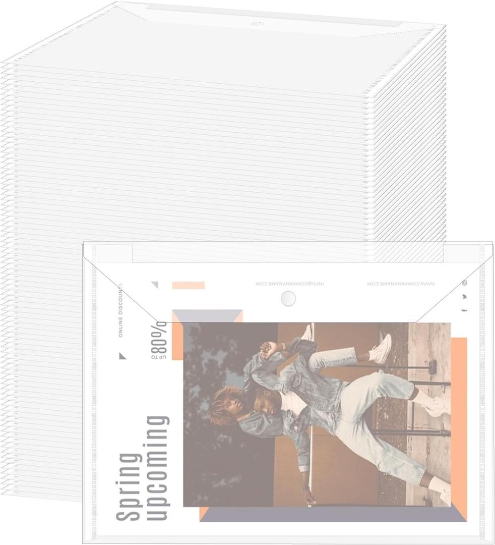 100Pcs Plastic Envelopes with Snap Closure, Clear Folders for Documents Plastic A4 Letter Size Clear Envelope Pouch for School Home Office Supplies