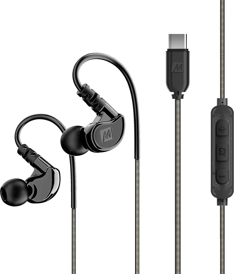MEE audio M6 Sport USB-C Wired Earbuds with Memory Wire Earhooks, Headset with Mic & 3-Button Remote for iPhone 15, iPad, Other USB Type C Devices; in Ear Headphones for Running/Gym/Workouts, Black