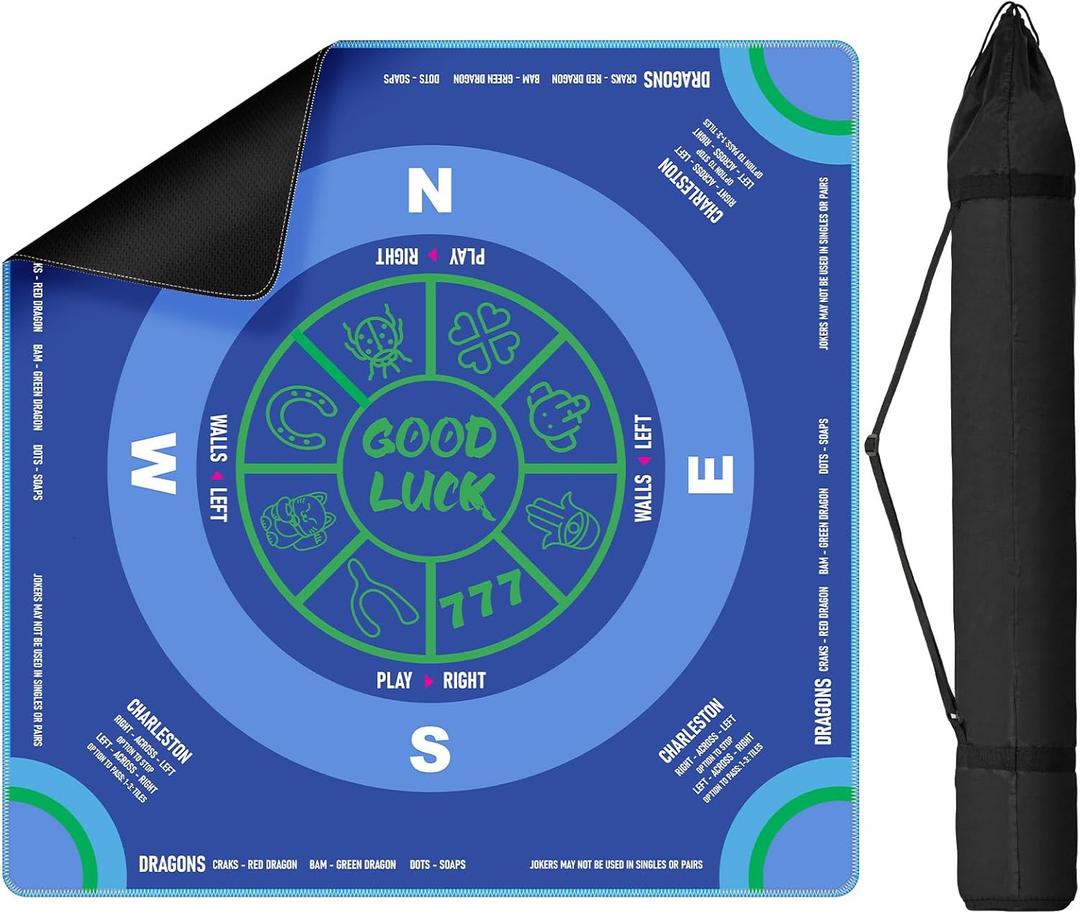 Mahjong Mat for Table with Carrying Bag, 32.4" x 32.4" Non-Slip Neoprene Mahjong Mat with Rules, Noise-Reducing Gaming Mat for Mahjong, Poker, Cards, Board and Tile Games - Blue