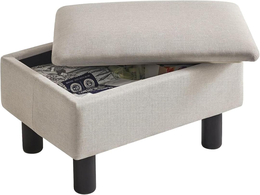 IBUYKE Storage Ottoman Footrest Stool with Linen Fabric, Rectangular, Flip Top Lid, Non-Slip Feet, Compact Design, Stylish and Functional, Linen RF-BD223