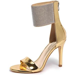 Women's High Heel Sandals Open Toe Ankle Tie Dressy Heeled Sandals for Prom, Party, Evening Events, 3.93 Inch Comfortable Thin Block Heels (11, Gold)