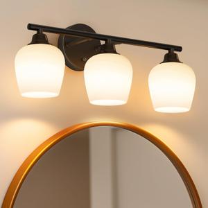 ONEWISH Bathroom Light Fixtures - Modern Wall Sconces 3 Light Black, Wall Lamp for Vanity Light Over Mirror, Opal Glass Globe Lamp for Bedroom, Living Room, Hallway, E26 Socket Bulb NOT Included (3 lights)