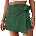 WDIRARA Women's Summer Mini Wrap Shorts Knot High Waist Belted Skorts Zipper Casual Loose Skirt, Small, Green