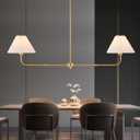 Gold Linear Chandelier, 2-Light Modern Chandelier for Dining Room Light Fixture, Dining Light Fixtures with White Fabric Shade Pendant Lights Kitchen Island for Restaurant, Living Room, Bedroom
