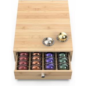 for Nespresso Vertuo Capsules (NV136) - Premium Bamboo Coffee Pod Drawer, 36 Big or 48 Small Vertuoline Pods Organizer - 10.8"Wx14"Dx3.9"H (Natural) (Standard 48 Capacity)